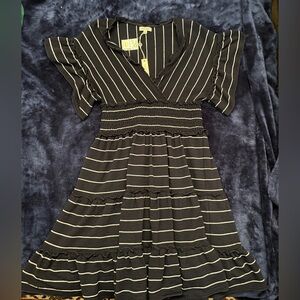 SOLD L NWT Max Studio striped navy blue stretchy deep v-neck A-line dress